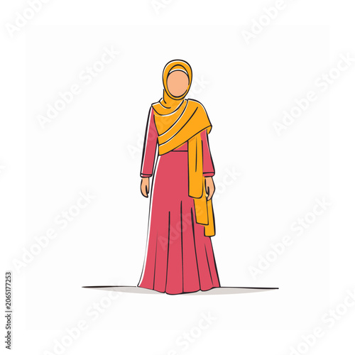 Woman in traditional pink dress and orange shawl illustration