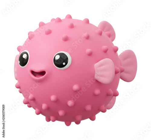Cute pink pufferfish character with large eyes in 3D cartoon style isolated on transparent background