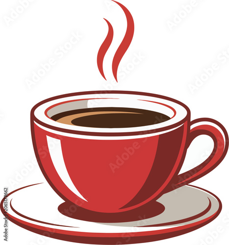 Hot Steaming Coffee in Red Cup with Saucer Vector Illustration