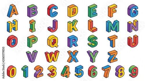 Colorful 3D block letters A-Z and numbers 0-9. Each character has bright colors like red, blue, green, yellow, purple, and orange with isometric shading.