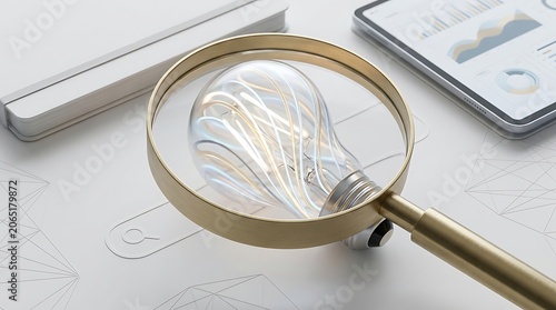 Magnifying Glass Over Light Bulb Symbolizing Idea Discovery and Innovation.