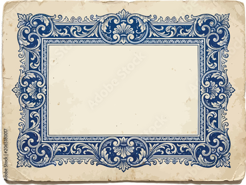 Vintage Blue Ornamental Frame on Aged Paper Background