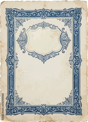 Vintage Blue Ornamental Frame on Aged Paper Background