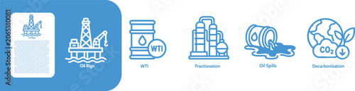 Photos Oil and Gas Industry Elements Collection, WTI, Oil Rigs, Fractionation, Oil Spills, Decarbonization thin line icon