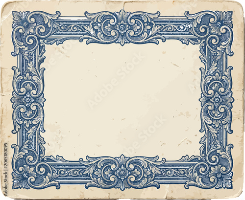 Vintage Blue Ornamental Frame on Aged Paper Background