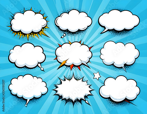 Comic book speech bubbles set on blue sunburst background