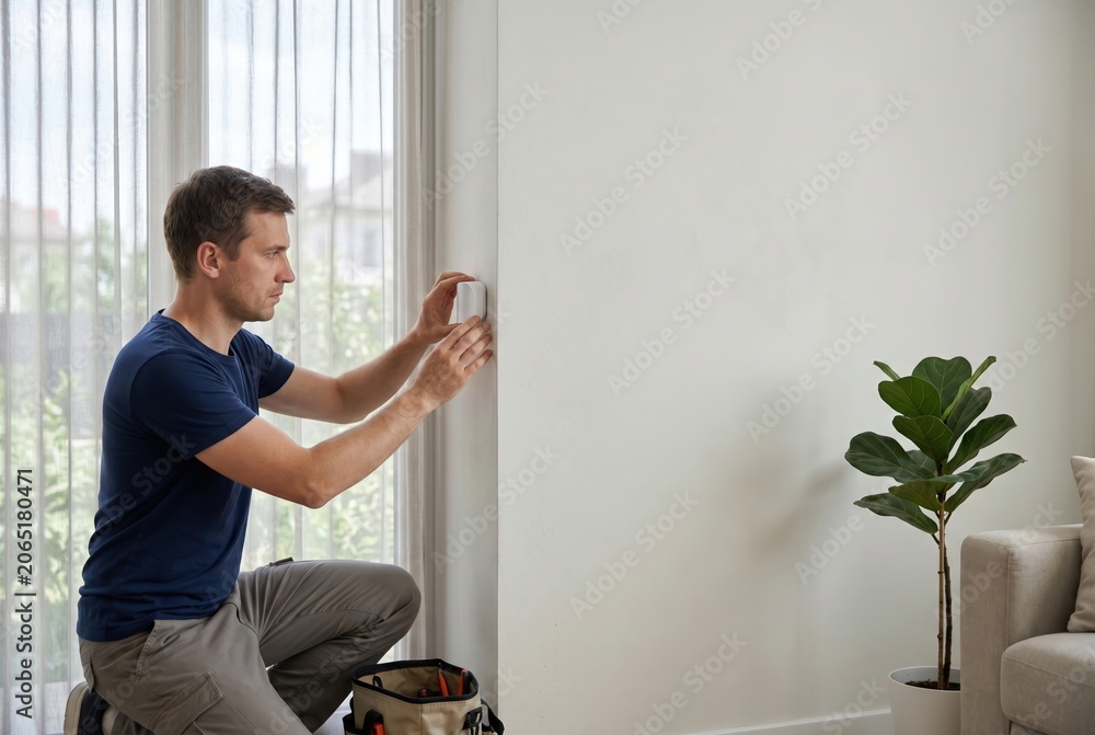 Fototapeta premium Smart home technician installing sensor on living room wall