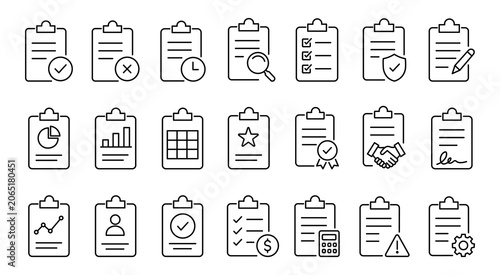 Clipboard, Checklist, Survey and Agreement Editable Stroke Outline Icons Set.