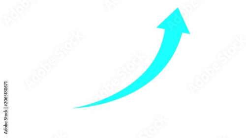 Minimalist cyan arrow growing upwards in curved trajectory on white background animation showing positive financial trend development and prosperity.