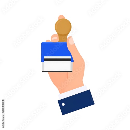 A hand holds a blue and brown stamp