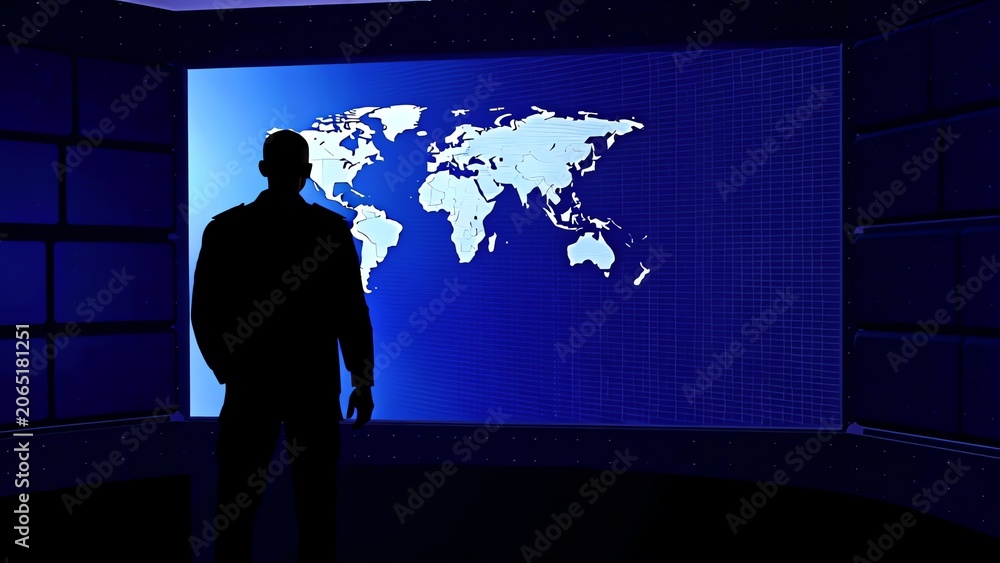 Fototapeta premium Silhouette Man Observing World Map Display in Dark Control Room