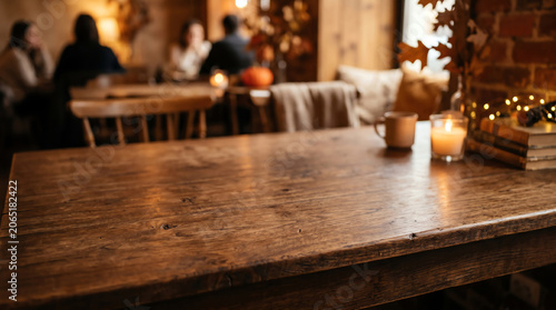 cozy restaurant table background with burning candle warm drink and books in blurred autumn cafe