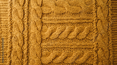 cozy hygge cable knit woolen blanket texture background with warm mustard yellow pattern
