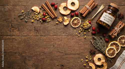 autumn wellness herbal tea blend with cinnamon sticks dry apples and lemons on wooden background
