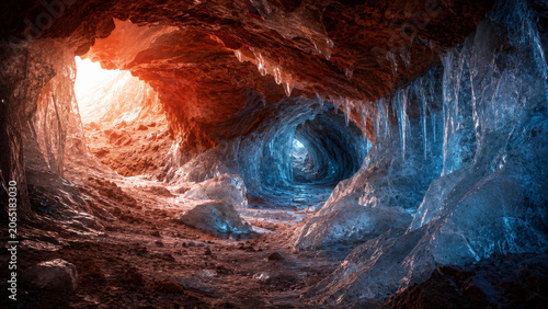 Ice cave, frozen tunnel, blue crystal, rocky formation, sunlight, natural wonder, adventure