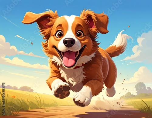 A digital illustration of a happy dog running on a dirt path in a sunny field