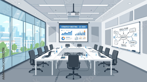 Modern business meeting room in office interior with laptop, conference table, empty boardroom, chair, desk, and professional workplace design