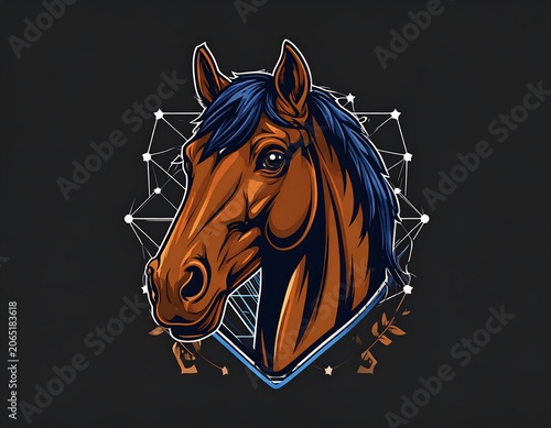 A digital illustration of a horse's head with brown and black mane, outlined with blue and white lines on a black background