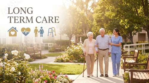 Elderly couple with caregiver walking outdoors in a sunny garden of a retirement housing long term care community, showing support mobility and social well being.