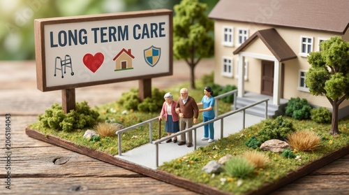 Miniature model of long term care elderly retirement housing showing facility building, ramped entrance, elderly resident figures, caregiver figure, sign and garden symbolizing care and community.