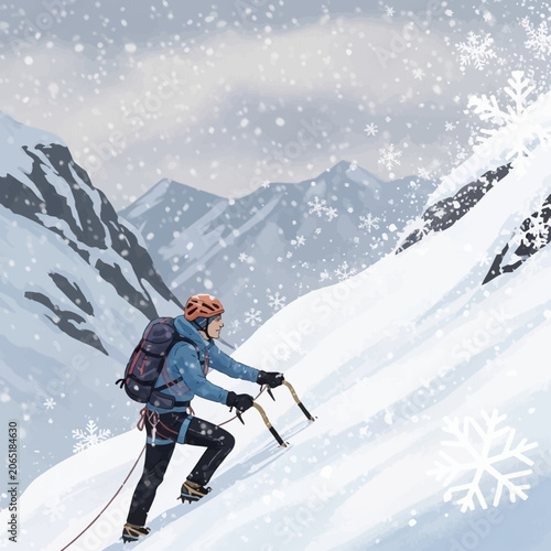 Person Ice Climbing a Steep Snowy Mountain Slope in Falling Snow, Feeling Determined and Resilient