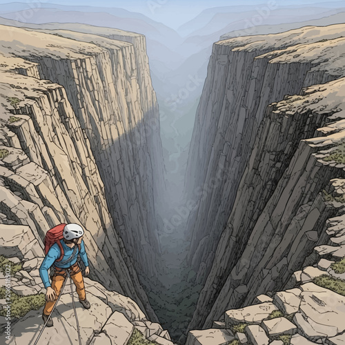 Man Ascending a Narrow, Deep Canyon with Steep Rock Walls, Feeling Brave and Determined