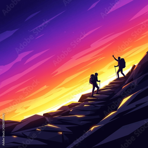 Two People Hiking a Steep Rocky Mountain Path Towards a Vibrant Sunset Sky, Feeling Determined and Inspired