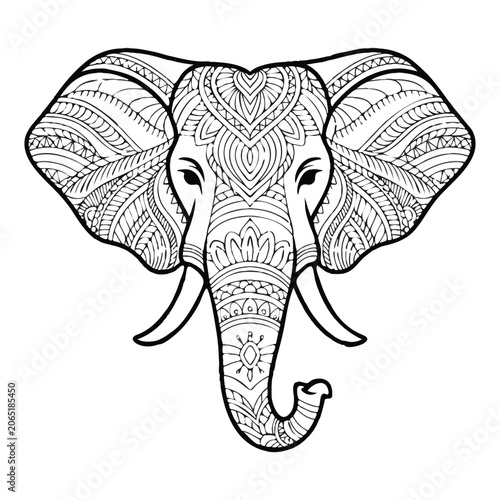 Black and white ornamental elephant head with intricate patterns vector illustration