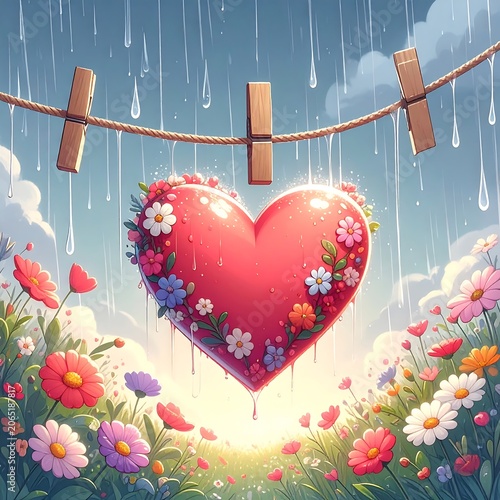 A heart-shaped decoration adorned with colorful flowers hangs from a rope