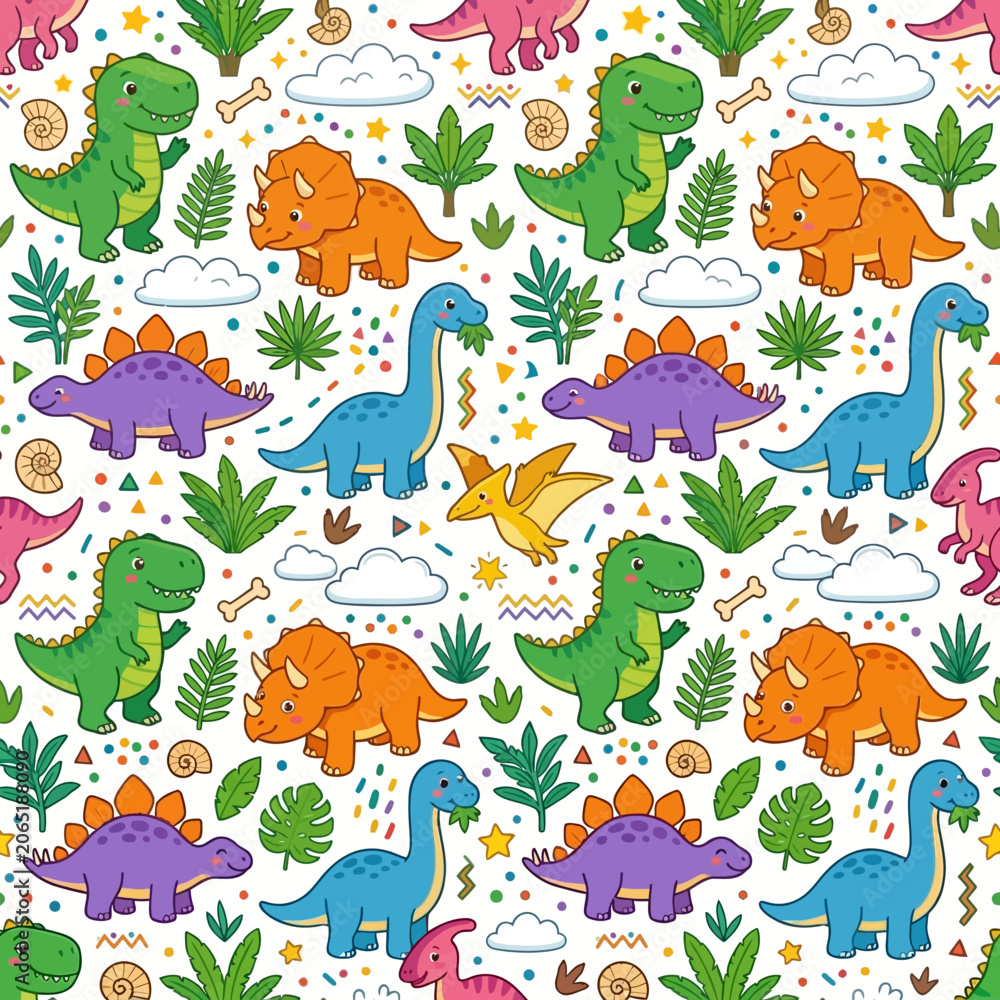 Naklejka premium Colorful dinosaur pattern with clouds and stars features various dinosaurs and plants on a white background.
