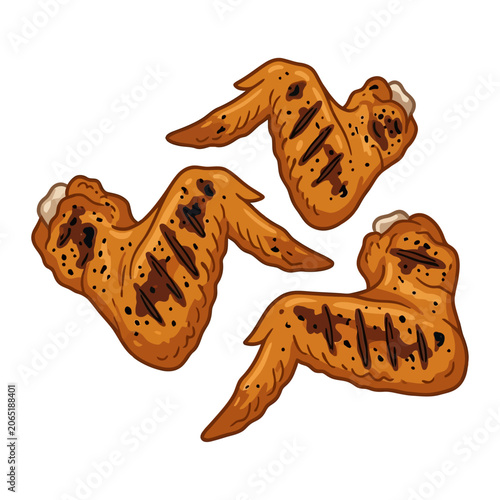 Quadro su tela Hand Drawn Illustration of Three Delicious Grilled Chicken Wings with Char Marks