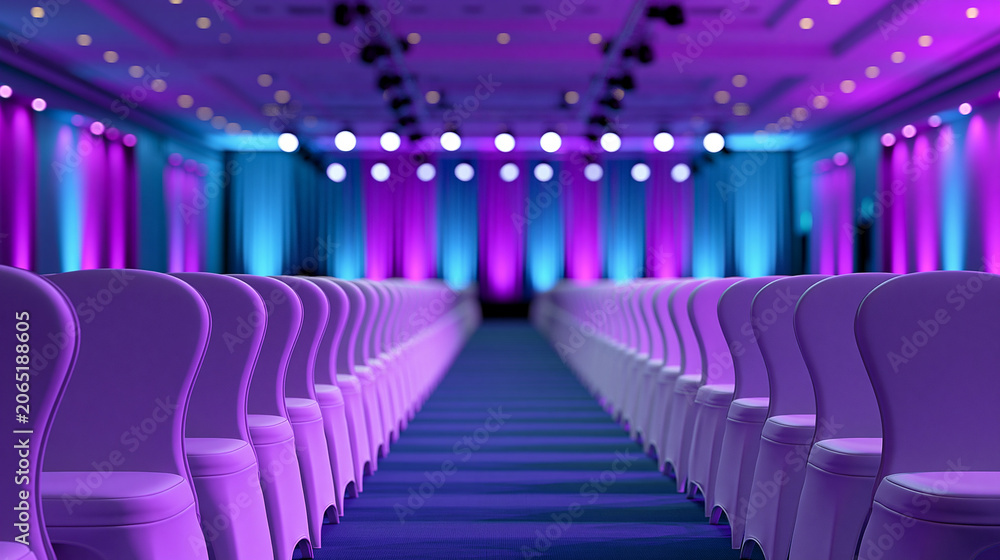 Obraz premium Empty conference hall with rows of chairs illuminated by purple and blue stage lighting in a modern event venue.