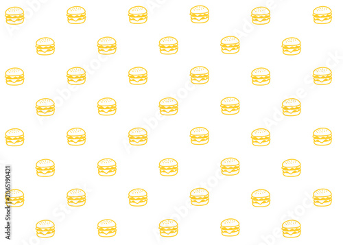 Seamless burger. Fast food illustration pattern. Food packaging, menu illustration. Restaurant. Yellow outline and white background