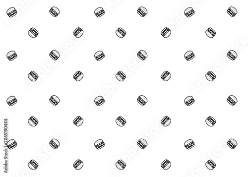 Seamless burger. Fast food illustration pattern. Food packaging, menu illustration. Restaurant. Black outline and white background