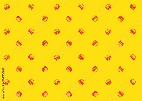 Seamless burger. Fast food illustration pattern. Food packaging, menu illustration. Restaurant. Red outline and yellow background