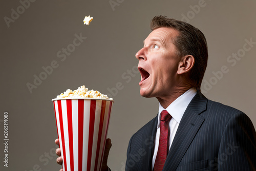 Serious businessman in suit catching popcorn in his mouth, humorous corporate concept on plain background.