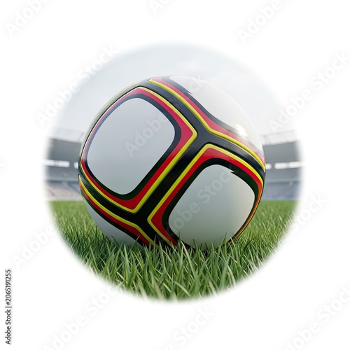 Soccer Ball on Green Grass Field with Stadium Background.