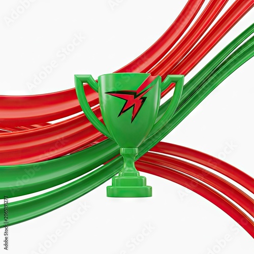 Green Trophy with Red and Green Ribbons on White Background.