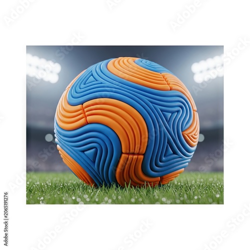 Vibrant Blue and Orange Soccer Ball on Green Grass Field with Stadium Lights.