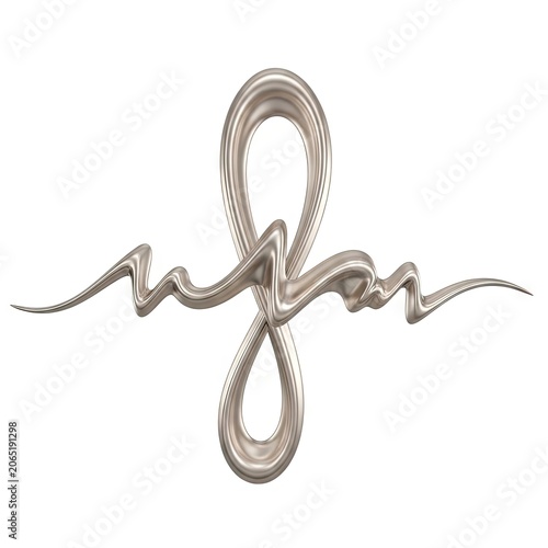 Abstract Silver Metallic Wave and Loop Design on White Background.