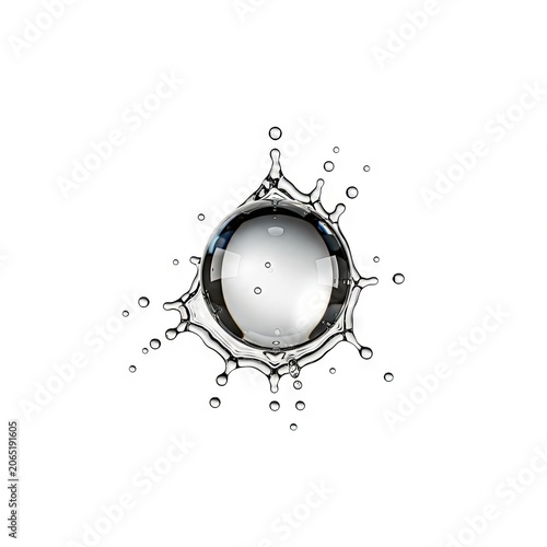 Water droplet impact creating a perfect splash crown and sphere on white background.