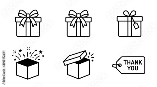 Gift box collection line art icons for presents packaging and gratitude expressions