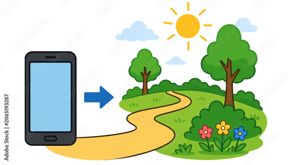 Fototapeta premium Smartphone with an arrow pointing to a dirt path leading into a sunny nature park