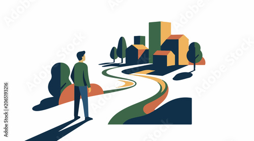 A man looks down a winding road towards a city
