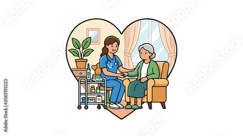 A cartoon nurse and elderly patient in heart-shaped room