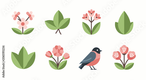 A charming illustration of a bird amidst blooming flowers and lush foliage