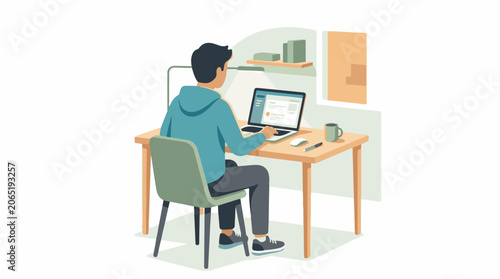 A man in a blue hoodie works on a laptop at a wooden desk with a mug and books nearby