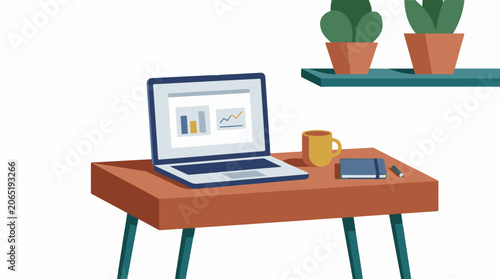 A laptop with graphs on the screen on a wooden table with a mug, notebook and pencil, and plants on a shelf
