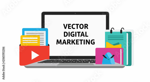 A laptop with digital marketing concept and colorful file icons
