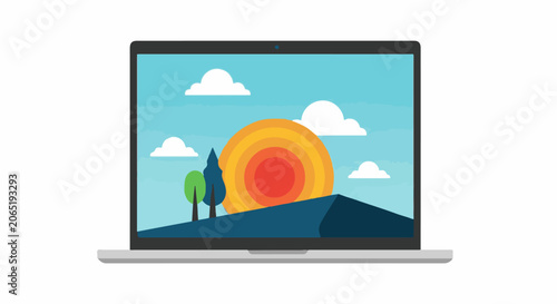 A laptop displays a serene landscape with a sunset, trees, and clouds on a blue sky